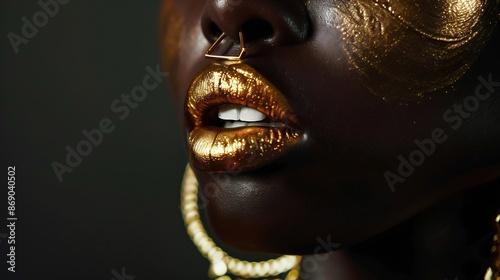 Art portrait african woman fashion model on black background gold luxury accessories bijouterie jewelry bracelet earrings Beautiful face sexy girl metallic golden professional makeup s : Generative AI