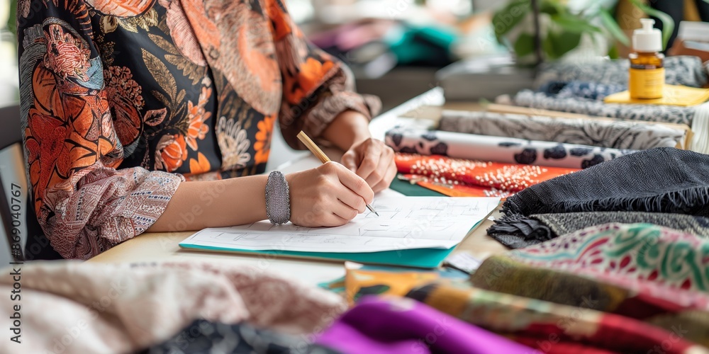 A designer sits at a workspace sketching new fashion designs, surrounded by various colorful fabrics, showcasing creativity and meticulous attention to detail in a vibrant studio. A designer sits at a workspace sketching new fashion designs, surrounded by various colorful fabrics, showcasing creativity and meticulous attention to detail in a vibrant studio.