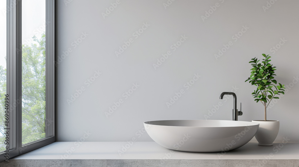 Fototapeta premium Modern sink next to a window of a bathroom in a luxury property. Minimalist luxury interiors composition.