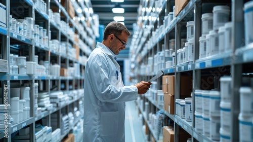 A man in a white lab coat is looking at a computer screen in a warehouse. He is wearing a blue shirt and glasses