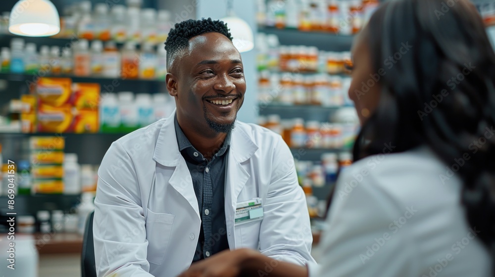A man and a woman are talking in a pharmacy. The man is wearing a white lab coat and the woman is wearing a white coat. They are smiling and seem to be having a pleasant conversation A man and a woman are talking in a pharmacy. The man is wearing a white lab coat and the woman is wearing a white coat. They are smiling and seem to be having a pleasant conversation