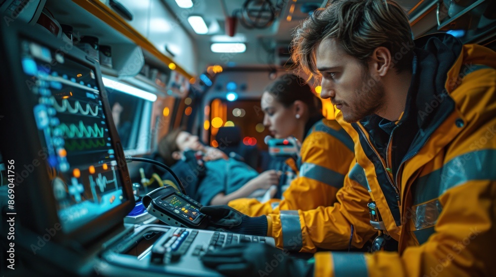 Obraz premium A man in a yellow jacket is looking at a computer screen with a woman in a blue jacket next to him. They are both wearing reflective jackets