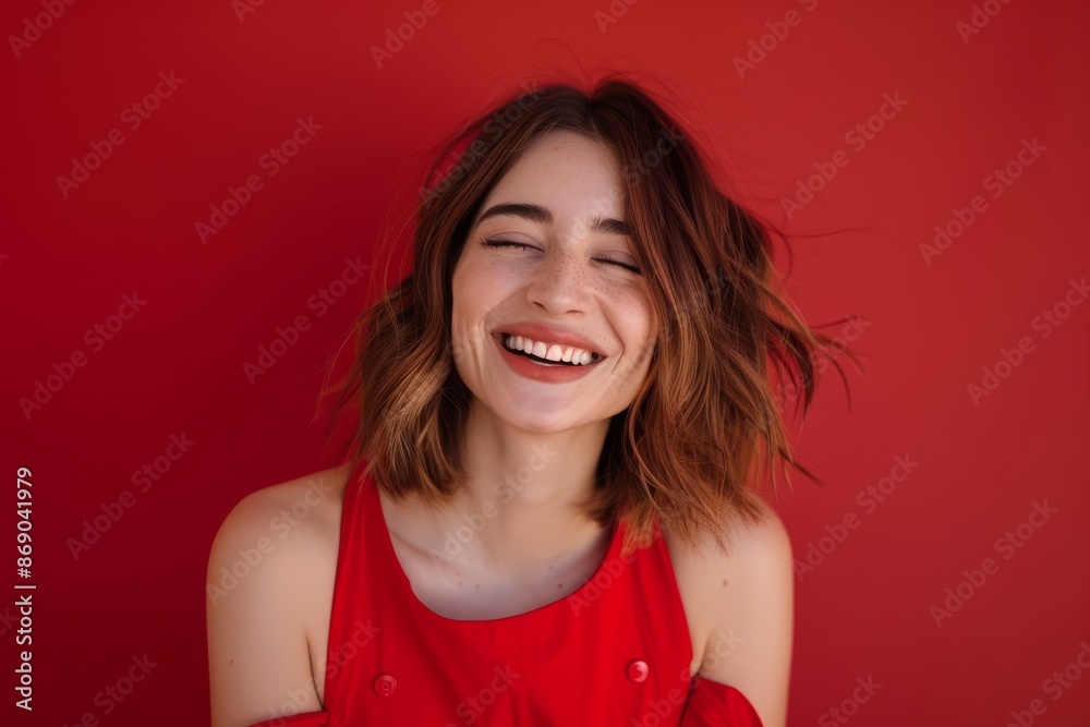 Portrait of beautiful caucasian woman laughing and looking away isolated on red background Portrait of beautiful caucasian woman laughing and looking away isolated on red background
