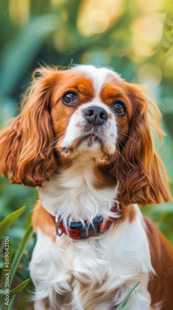 A bored brown and white dog with a red collar is standing in a grassy area A bored brown and white dog with a red collar is standing in a grassy area
