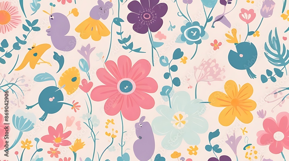 custom made wallpaper toronto digitalAbstract childish, cute and fun colorful dreamy garden floral seamless pattern wallpaper background with flowers and critters, vector.