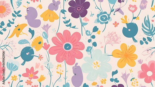 Wallpaper Mural Abstract childish, cute and fun colorful dreamy garden floral seamless pattern wallpaper background with flowers and critters, vector. Torontodigital.ca