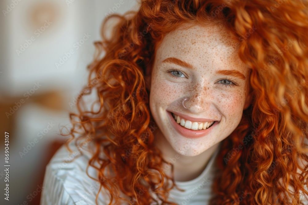 Portrait of beautiful cheerful redhead girl with curly hair smiling laughing looking at camera Portrait of beautiful cheerful redhead girl with curly hair smiling laughing looking at camera