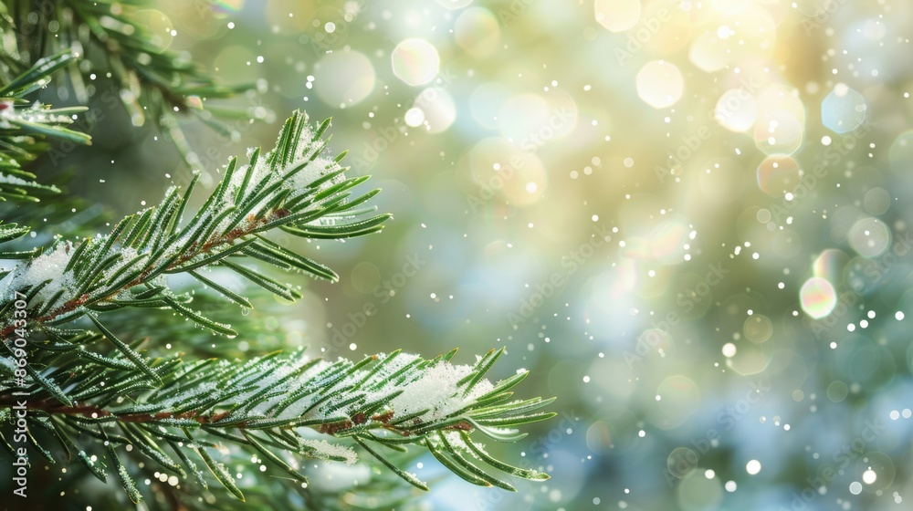 A close-up of a pine branch lightly dusted with snow, surrounded by gently falling snowflakes and soft bokeh lights.