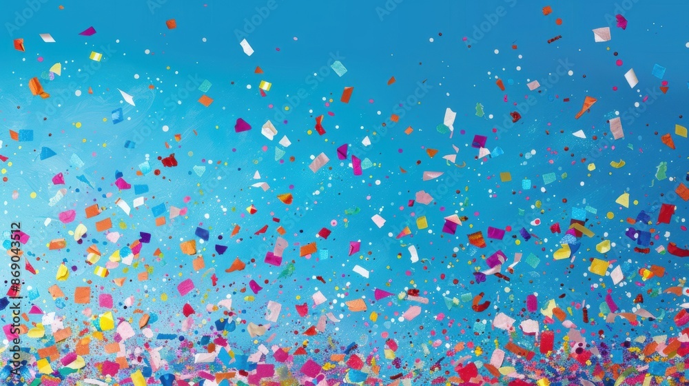 A scene of colorful confetti pieces suspended in mid-air against a bright blue background, symbolizing celebration and joy. A scene of colorful confetti pieces suspended in mid-air against a bright blue background, symbolizing celebration and joy.