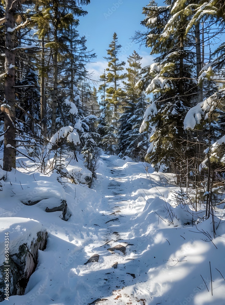 Snowy trail through the winter forest Snowy trail through the winter forest