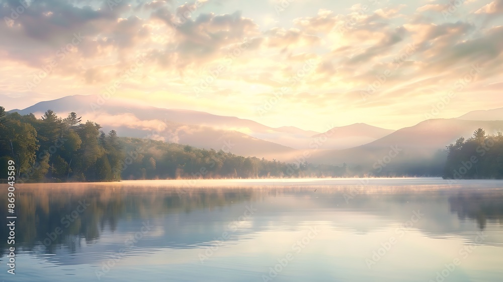 Sunrise over calm Lake Placid : Generative AI Sunrise over calm Lake Placid : Generative AI