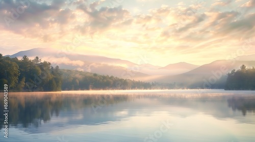 Sunrise over calm Lake Placid : Generative AI