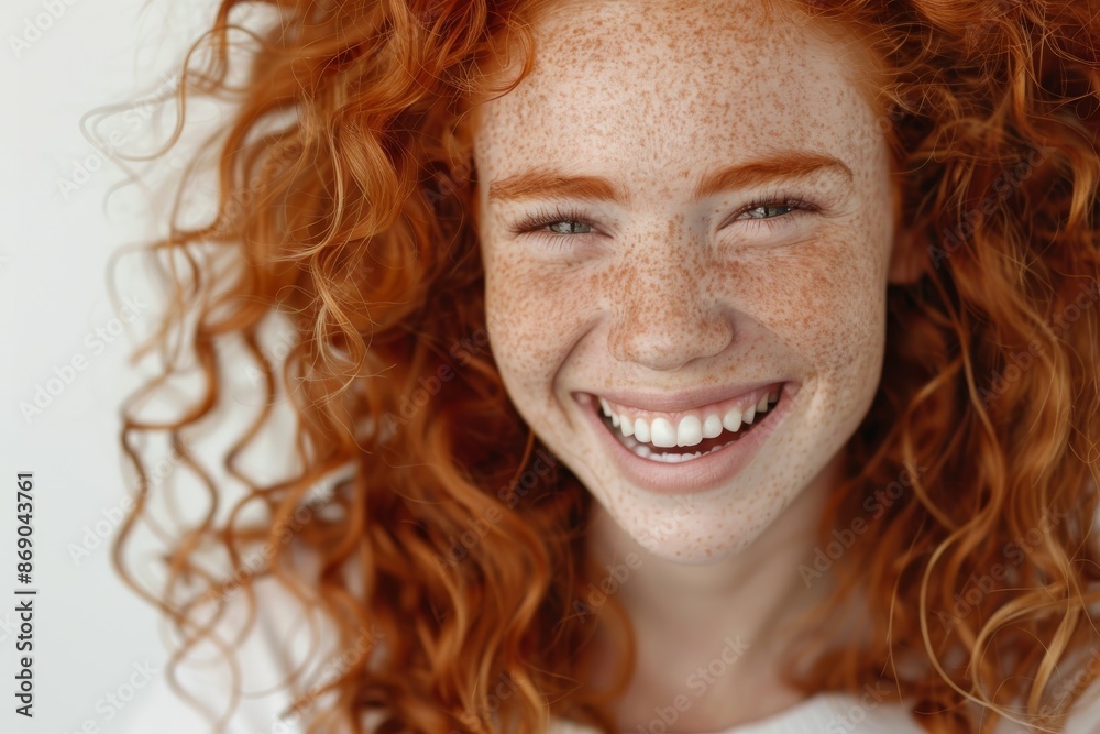 Portrait of beautiful cheerful redhead girl with curly hair smiling laughing looking at camera
