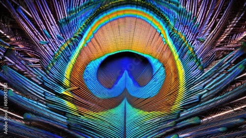 A colorful peacock feather with a blue center and yellow edges
