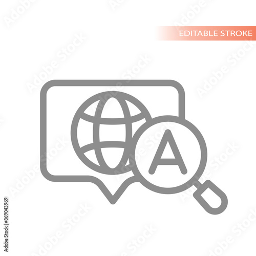 Online translator and dictionary icon. Translation with magnifying glass line vector.
