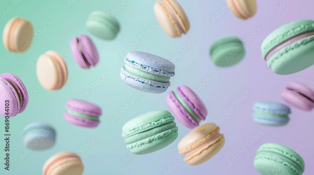 custom made wallpaper toronto digitalPastel purple, green, blue, cream and yellow colored macaroons floating in the air
