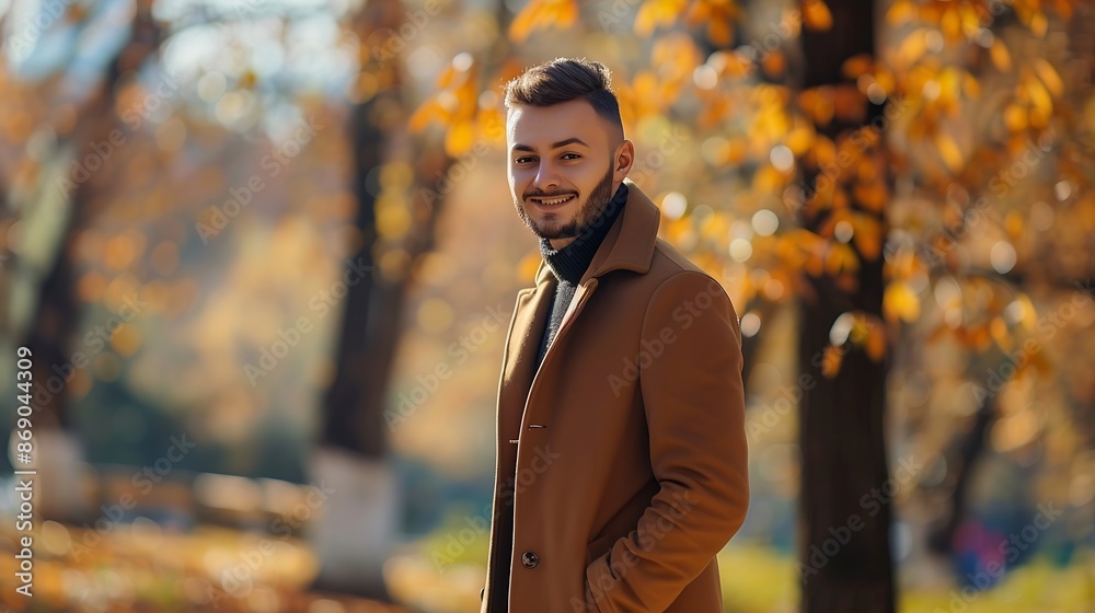 Obraz premium Happy autumn day A handsome young man in a brown coat stands in an autumn park and smiles peacefully Autumn fashion People and lifestyle Copy space : Generative AI