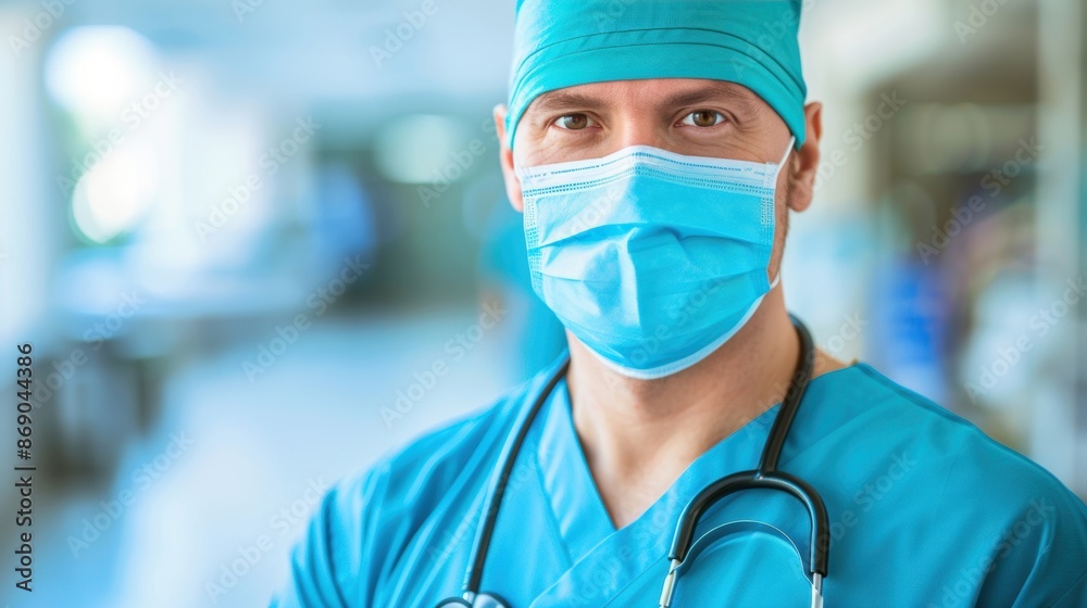 A healthcare worker in scrubs and a surgical mask, symbolizing professionalism, safety, and dedication in a medical environment. A healthcare worker in scrubs and a surgical mask, symbolizing professionalism, safety, and dedication in a medical environment.