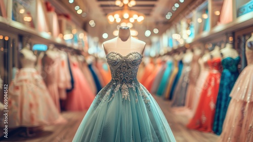 An elegant, intricately designed gown displayed in a boutique, surrounded by various colorful dresses under soft, warm lighting.