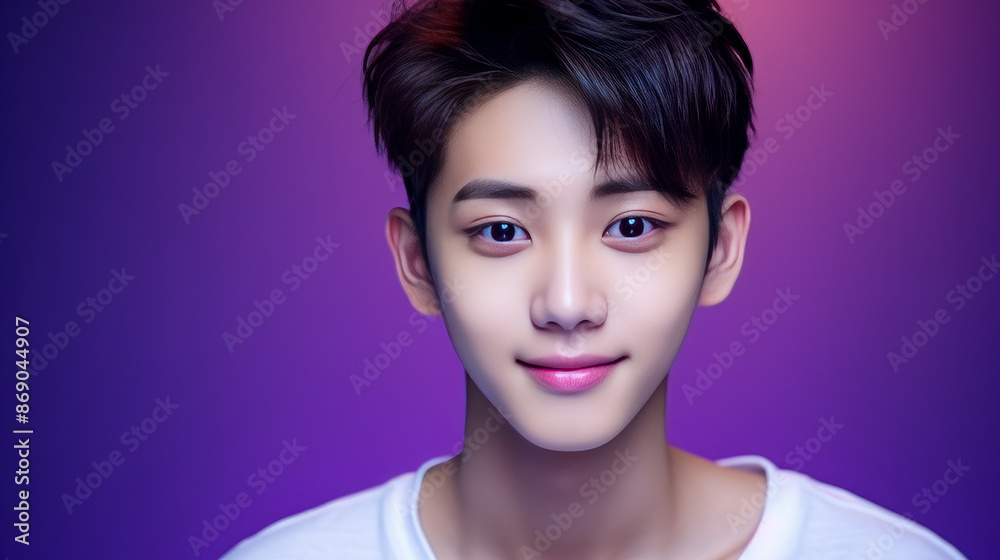 Portrait of a cute handsome happy Asian teenager guy with perfect skin, purple background, banner. Portrait of a cute handsome happy Asian teenager guy with perfect skin, purple background, banner.