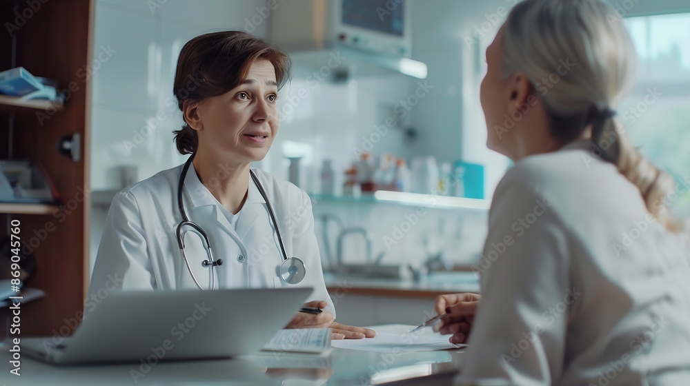 Patient visiting his doctor at hospital Doctor woman at work in hospital excited and happy of consulting female patient Physician controls medication history records and exam results M : Generative AI