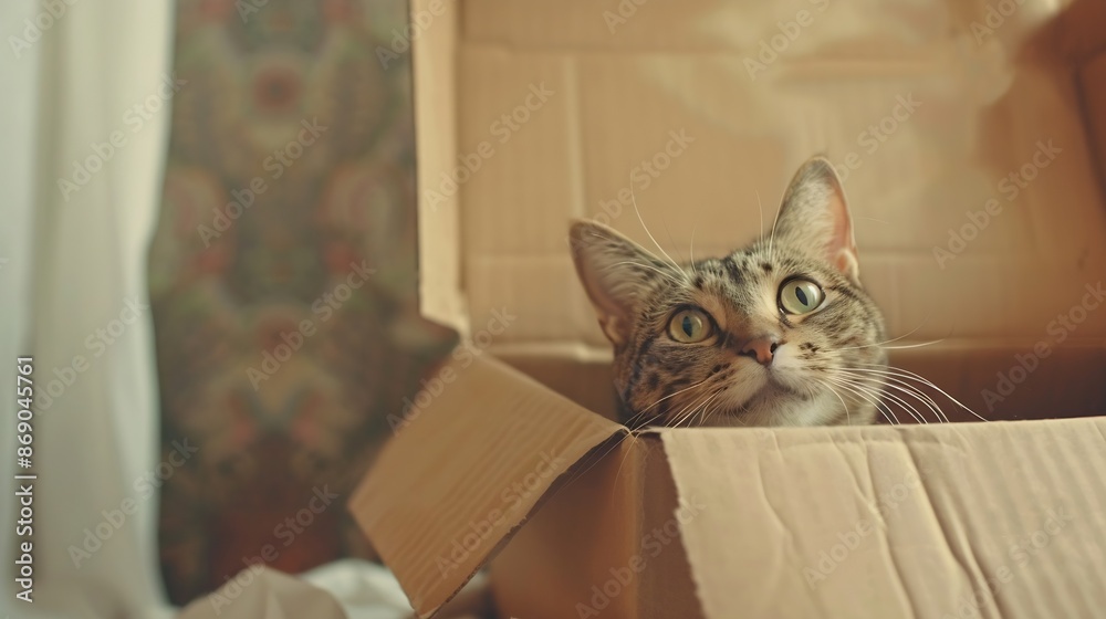 Funny cat in cardboard box at home : Generative AI Funny cat in cardboard box at home : Generative AI