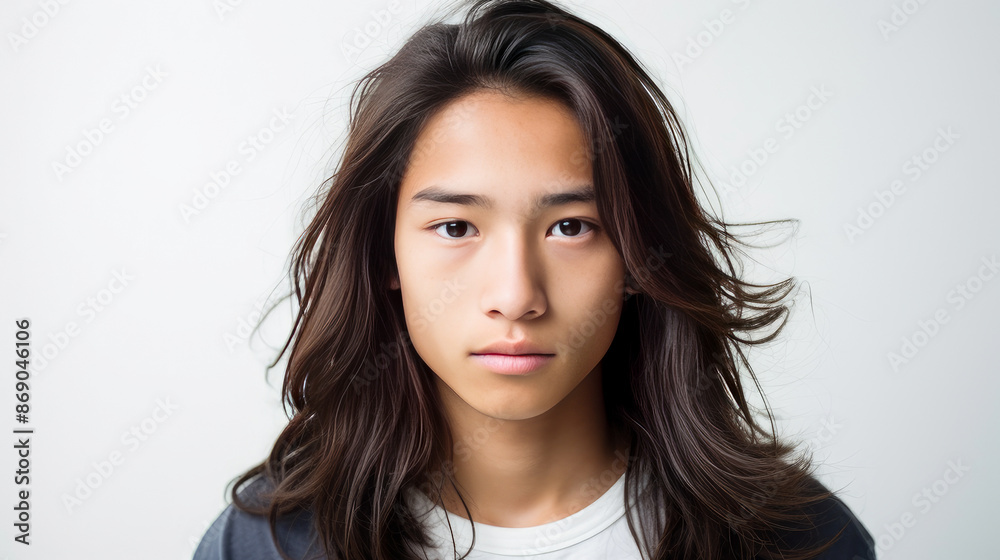 Portrait of a cute handsome happy Asian teenager guy with long hair and perfect skin, white background, banner. Portrait of a cute handsome happy Asian teenager guy with long hair and perfect skin, white background, banner.