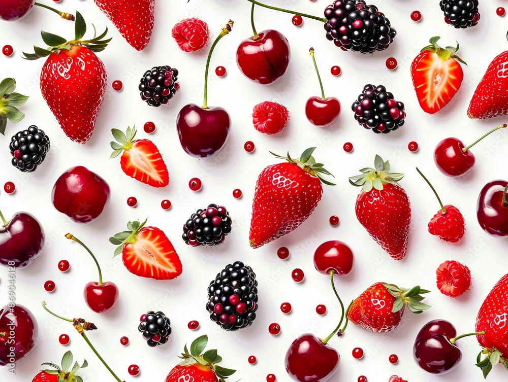 A collage of red and black berries. A collage of red and black berries.