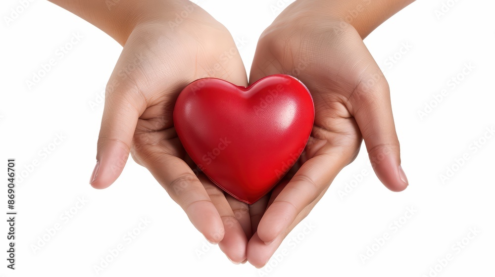 Obraz premium A heart symbol with hands gently holding it, promoting cardiac care