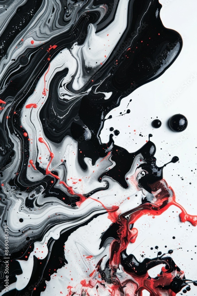 Abstract black, white, and red fluid painting with swirling patterns, splashes, and drips. High contrast, dynamic movement, intricate textures. Fluid Dynamics: Abstract Art in Black, White, and Red Abstract black, white, and red fluid painting with swirling patterns, splashes, and drips. High contrast, dynamic movement, intricate textures. Fluid Dynamics: Abstract Art in Black, White, and Red
