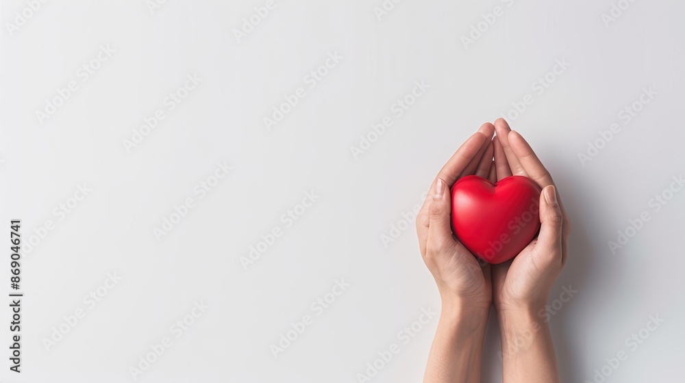 Fototapeta premium A heart symbol with hands gently holding it, promoting cardiac care