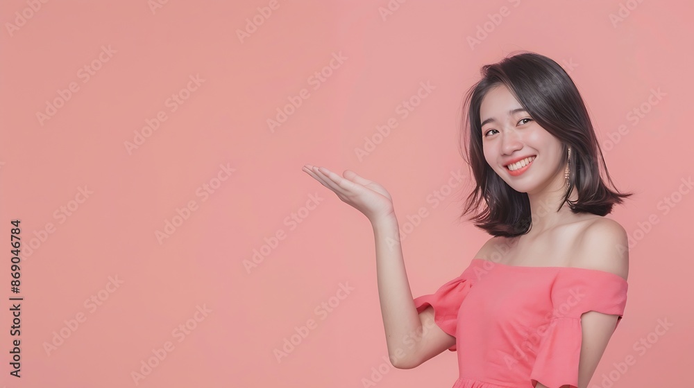 Happy attractive asian young woman smile and open hand palm to copy space at home Cheerful pretty girl wear casual dress open palm to empty space for mockup to display product : Generative AI Happy attractive asian young woman smile and open hand palm to copy space at home Cheerful pretty girl wear casual dress open palm to empty space for mockup to display product : Generative AI