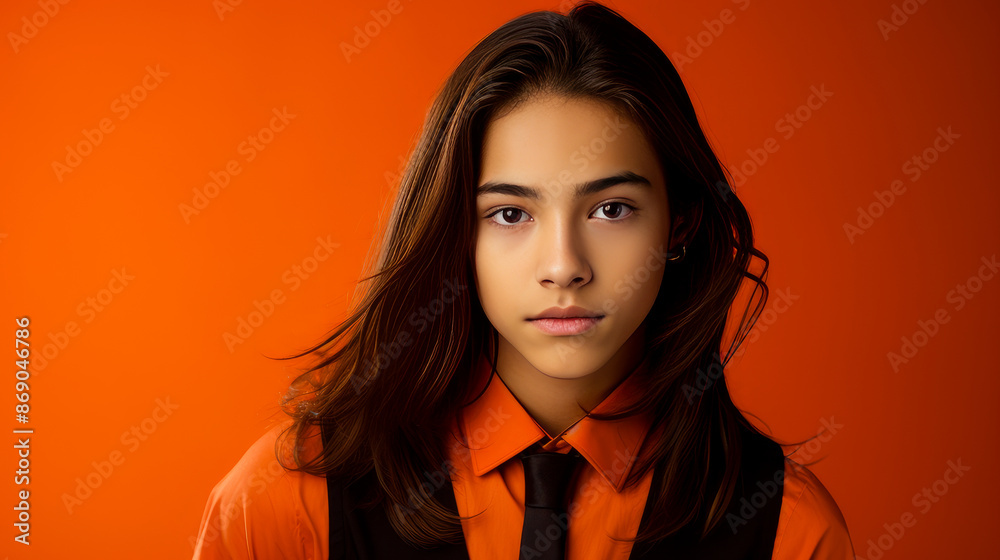 Portrait of a cute handsome happy Asian teenager guy with long hair and perfect skin, orange background, banner. Portrait of a cute handsome happy Asian teenager guy with long hair and perfect skin, orange background, banner.