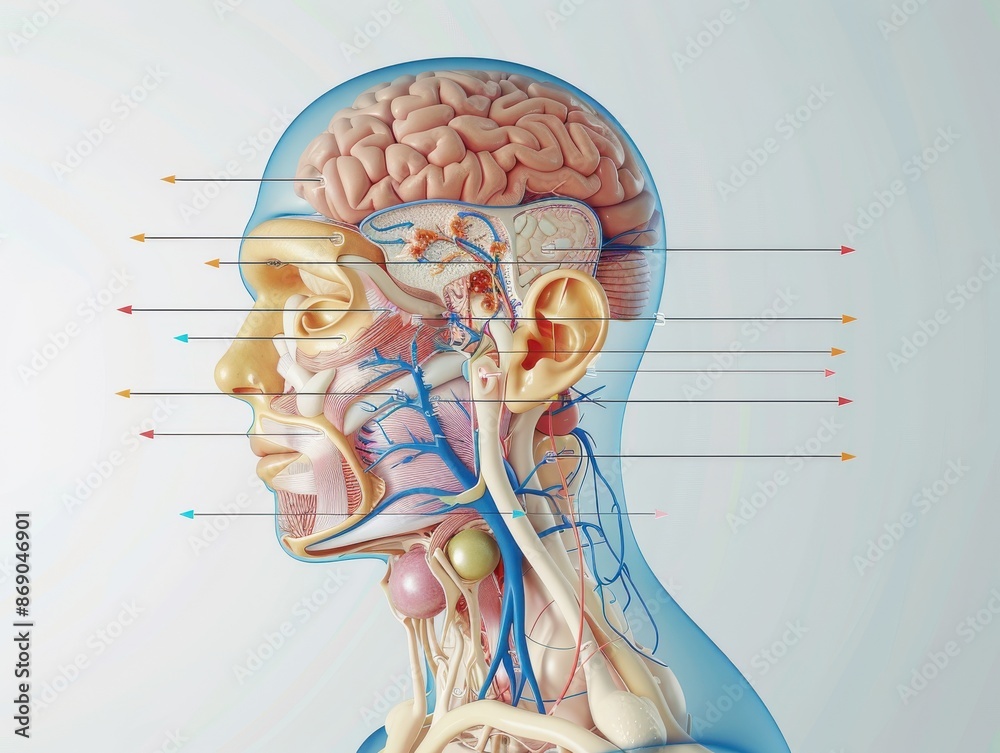 Detailed anatomical illustration of human head, brain, and internal ...