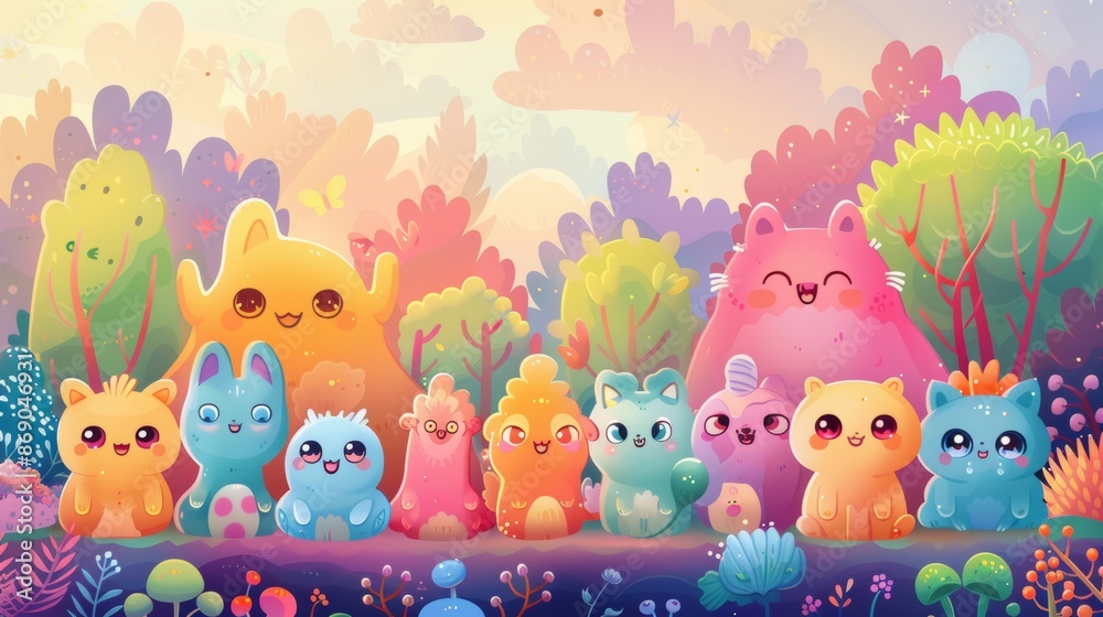 Naklejka premium Cartoon Background with Cute and Cheerful Characters