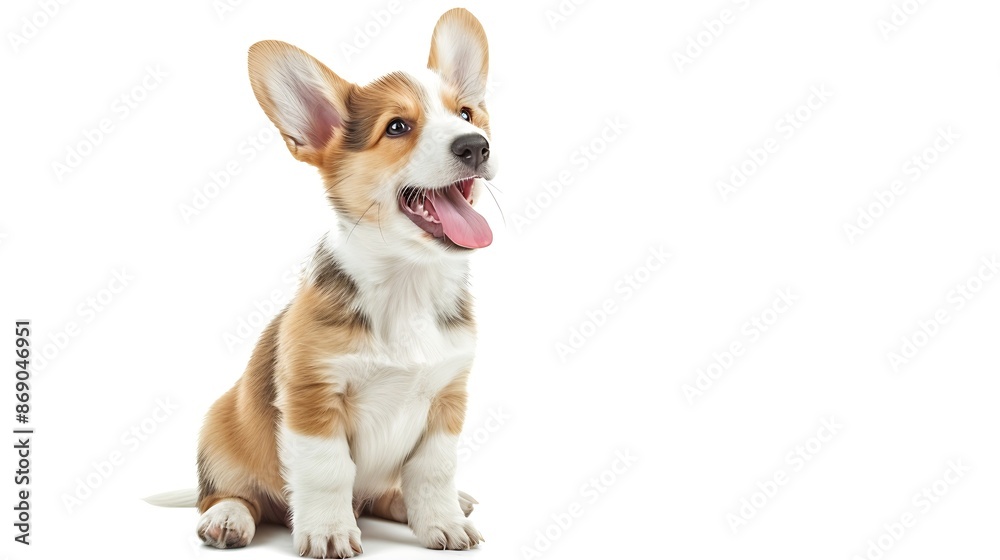 happy Puppy Welsh Corgi 14 Weeks old dog winking panting and sitting isolated on white : Generative AI happy Puppy Welsh Corgi 14 Weeks old dog winking panting and sitting isolated on white : Generative AI