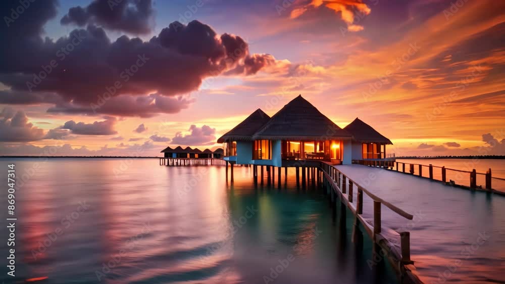 Pier With Hut at Sunset on a Calm Waterscape With Vibrant Colors, Water bungalow, Sunset on the islands of the Maldives, A place for dreams