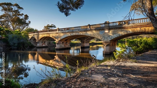 Historic Victorian Algebuckina bridge crossing Onkaparinga River in South Australia : Generative AI photo