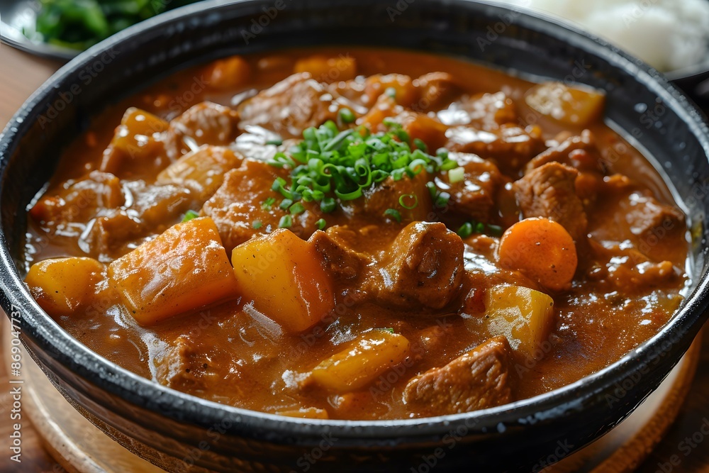 A delicious and hearty beef stew with potatoes and carrots. A delicious and hearty beef stew with potatoes and carrots.