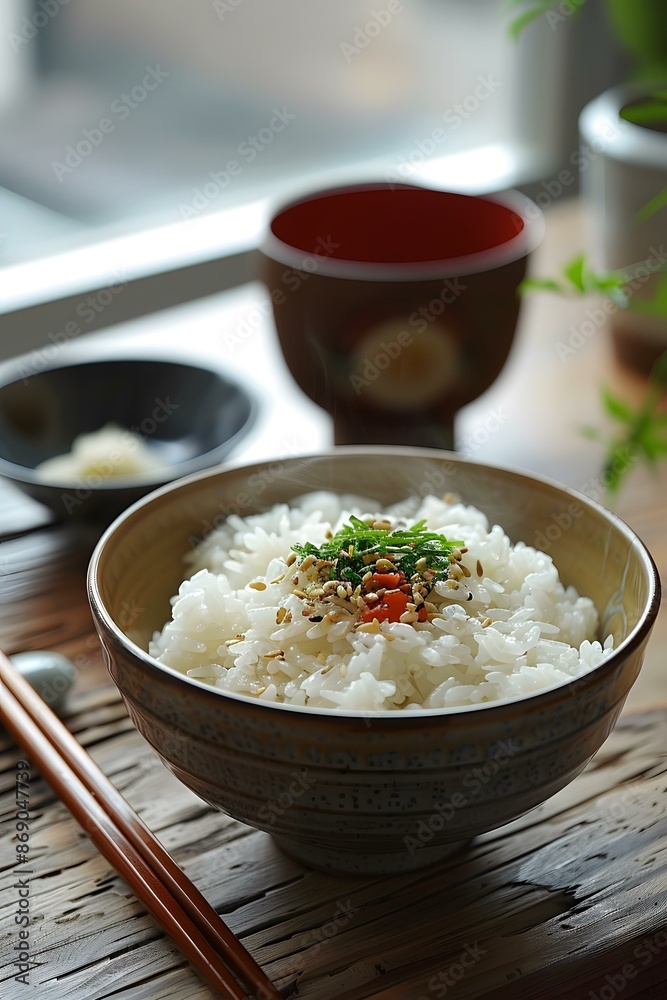 A bowl of Japanese rice with sesame seeds and green onions A bowl of Japanese rice with sesame seeds and green onions