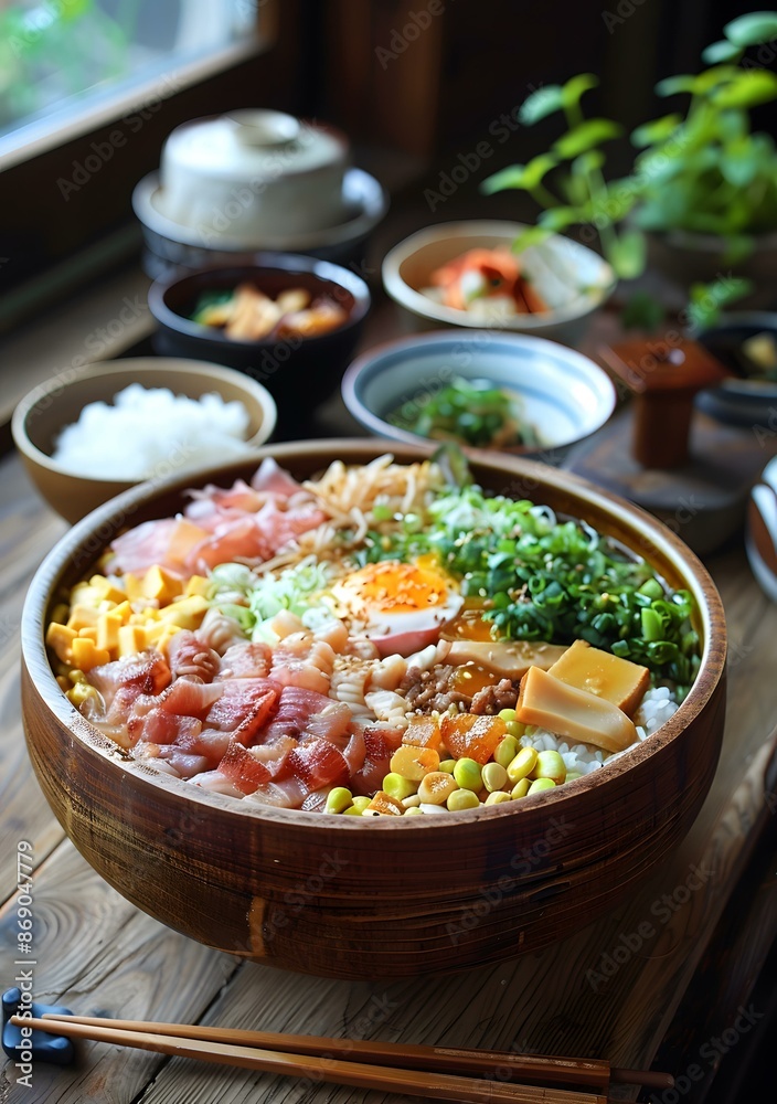 Japanese Style Colorful Bowl Of Rice With Seafood And Vegetables