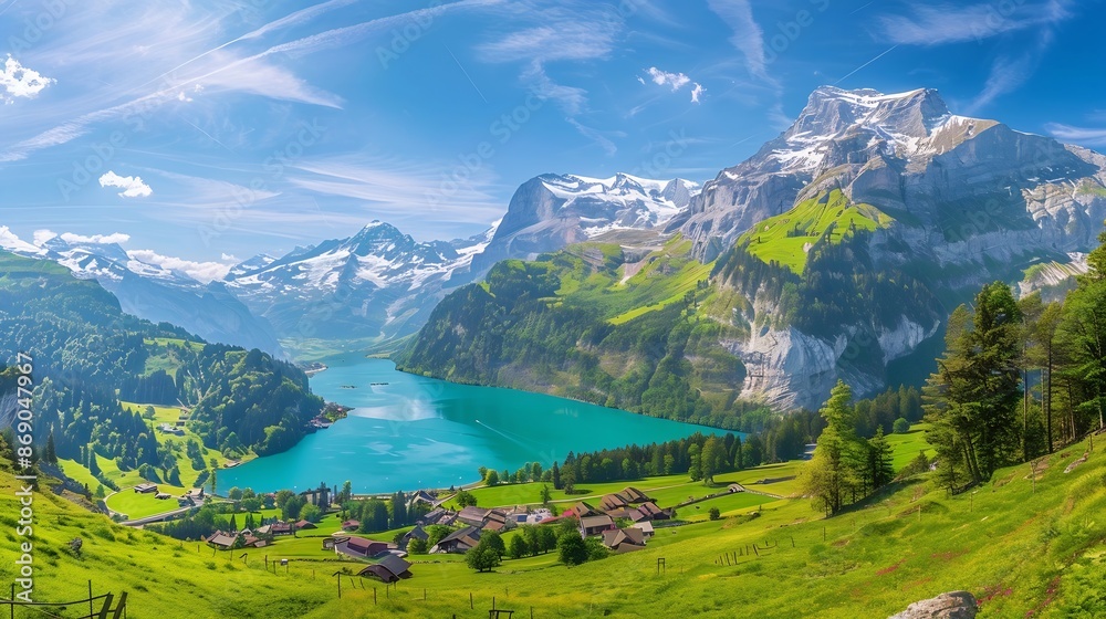 Scenic panoramic view of Oeschinen Lake and village Kandersteg in Bernese Alps Switzerland : Generative AI Scenic panoramic view of Oeschinen Lake and village Kandersteg in Bernese Alps Switzerland : Generative AI