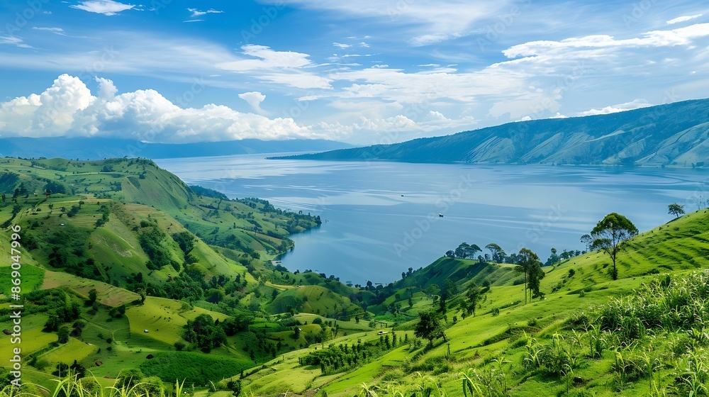 View of Lake Toba and beautiful green hills located in Samosir Regency Natural view of the lake from the top of the hill Beautiful nature : Generative AI View of Lake Toba and beautiful green hills located in Samosir Regency Natural view of the lake from the top of the hill Beautiful nature : Generative AI