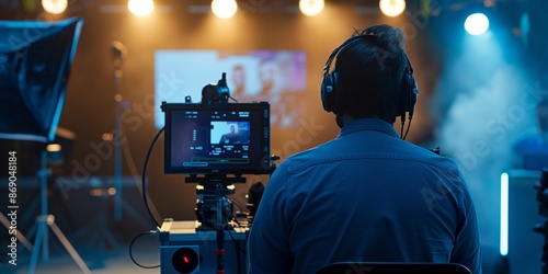 A back view of a cameraman wearing headphones, filming in a smoky studio environment, with lights and fog creating a dramatic atmosphere during production. photo