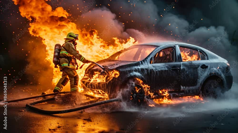 Firefighters extinguish a burning car on the road at night, A fireman using water and an extinguisher to fight with fire flames in an accident car on the wayside road