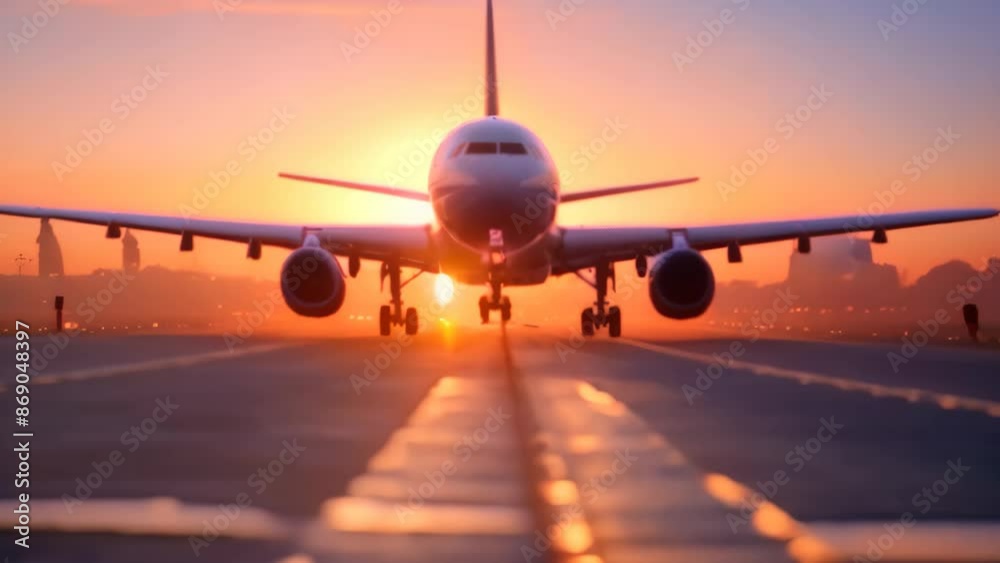 Airplane taking off from the airport runway at sunset. 3d rendering, A large jetliner landing on an airport runway at sunset or dawn with the landing gear down Airplane taking off from the airport runway at sunset. 3d rendering, A large jetliner landing on an airport runway at sunset or dawn with the landing gear down