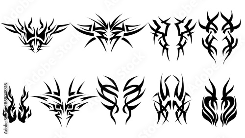 collection of tribal shapes with a stiff touch. Set of Symmetrical neo Tribal Pattern Cyber ​​Gothic Elements in Abstract White black Print for t-shirt, hoodie and sweatshirt or card, poster