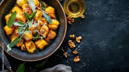 pumpkin shaped gnocchi with brown butter parmesan sauce with sage : Generative AI photo