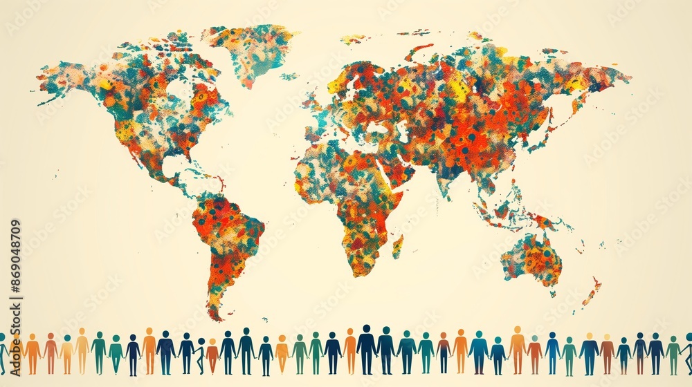 Fototapeta premium Population Diversity Silhouette Row Beneath Vibrant World Map Illustration Highlighting Global Unity for World Population Day Concepts