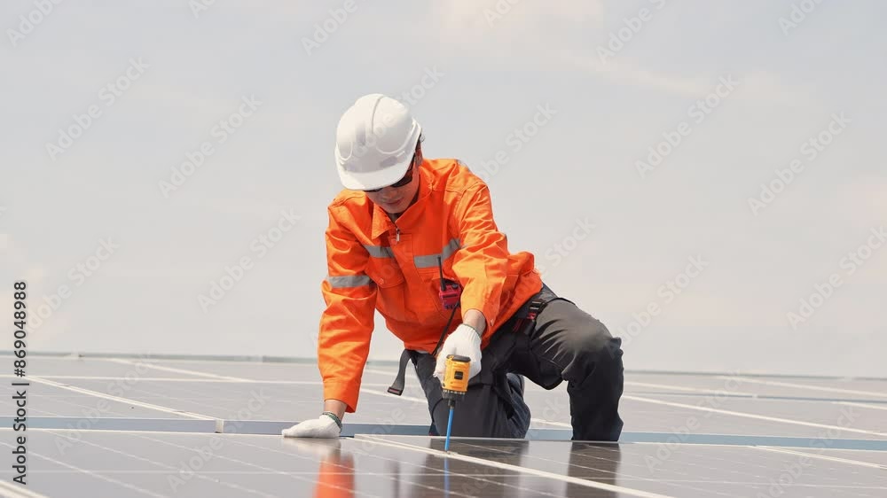 Engineer worker using electric drill repairing on solar cell panel on the roof of the factory. After service and security for industrial renewable energy concept Engineer worker using electric drill repairing on solar cell panel on the roof of the factory. After service and security for industrial renewable energy concept